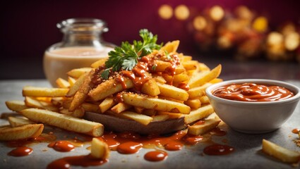 Yummy French fries chips with ketchup in studio lighting and background, cinematic food photography