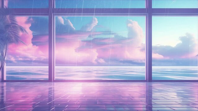 Living room lo-fi retro 80s and 90s background. Psychic Waves, nostalgia, vintage. Vaporwave, synthwave, chillwave. Wallpaper, template. Blurry pastel colors... Lofi desk window. Rain effect.
