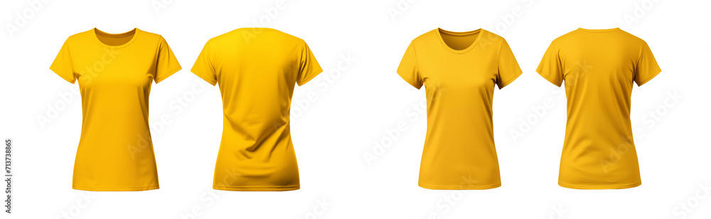 Wall mural realistic set of female yellow t-shirts mockup front and back view isolated on a transparent background, cut out - Wall murals