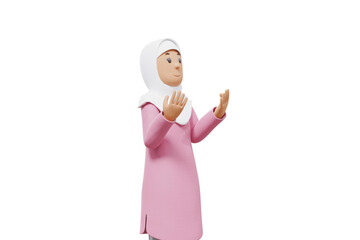 3d illustration of muslim woman greeting with white shirt and transparent background