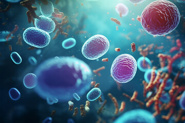 3d microscopic image of attached bacteria - obrazy, fototapety, plakaty
