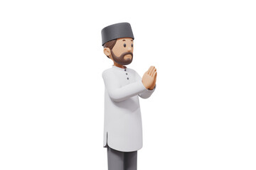 3d illustration of man muslim greeting, pointing and showing something at camera with transparent background
