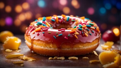 Glazed doughnut with topping in studio lighting and background, cinematic donut dessert photography - obrazy, fototapety, plakaty