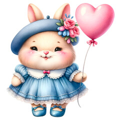 Watercolor cute bunny hand holding a heart shaped ballon on Valentine's day. Bunny wearing cute blue dress. 