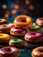 Glazed doughnut with topping in studio lighting and background, cinematic donut dessert photography