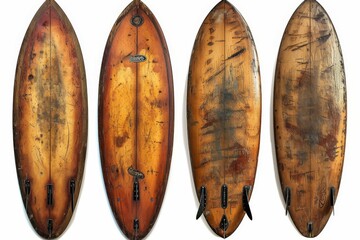 Collection of vintage wooden fishboard surfboard isolated on white with clipping path for object, retro styles. - obrazy, fototapety, plakaty