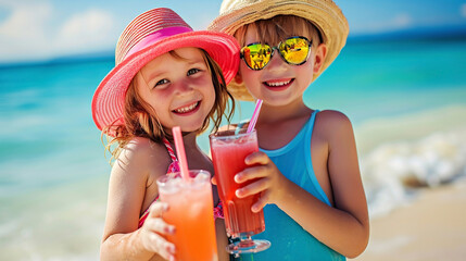 Cute children in sunglasses and straw hats holding lemonade or tropical fresh citrus cocktail beach exotic vacation
