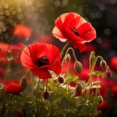 Obraz premium Beautiful red poppy flowers garden image Generative AI
