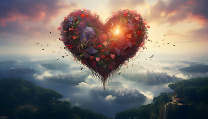Heart shape made of flowers against misty landscape with vignette - Powered by Adobe