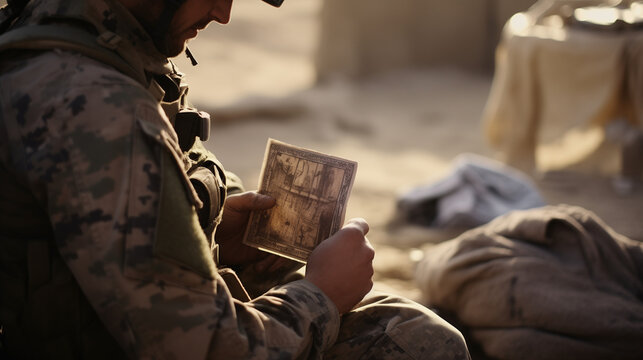 Soldier looking into a photo of a beloved one. Missing someone 