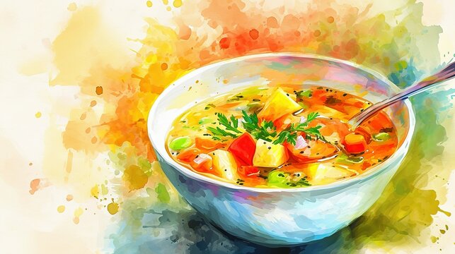 bowl of watercolor chicken soup with vegetables
