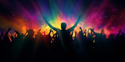 Fototapeta na wymiar Party crowd silhouettes dancing on nightclub