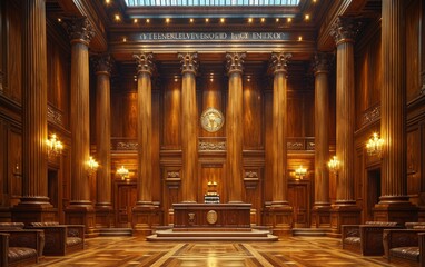 Empty American Style Courtroom. Supreme Court of Law and Justice Trial Stand. Courthouse Before Civil Case Hearing Starts. Grand Wooden Interior with Judge's Bench, Defendant's and Plaintiff's Tables. - obrazy, fototapety, plakaty