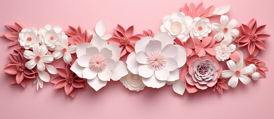 Fototapeta na wymiar Flowers made of paper on color background with copy space. Elegant Paper Flowers on Vibrant Background