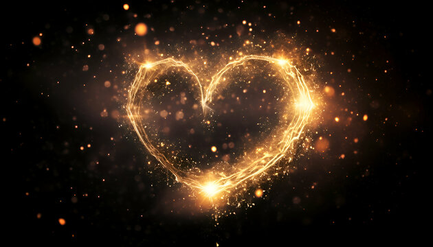 Glowing heart with sparkles on black background.  illustration.