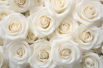 White roses background. Top view. Flat lay. Copy space.