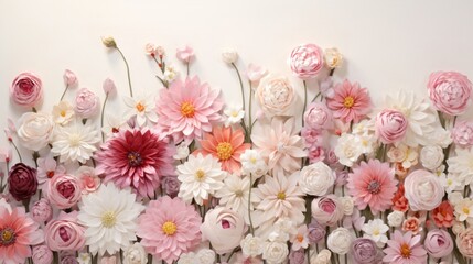 a harmonious array of white, red, and pink flowers gracefully unfolding on a flawlessly white canvas.