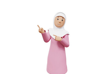 3d illustration of muslim woman greeting with white shirt and transparent background