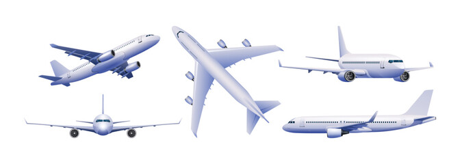 Set of airplane in different views vector illustration. Aircraft isolated on white background