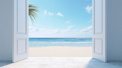 mock up of white door opening to the sea view background