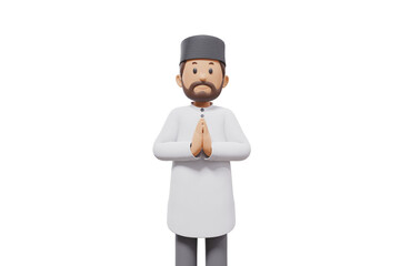 3d illustration of man muslim greeting, pointing and showing something at camera with transparent background
