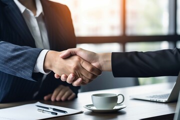 ndian employee and american employee sitting at a conference room shaking hands in a meeting while looking at each other and smiling