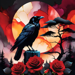 The alcohol ink illustration features an abstract silhouette of a confident raven perched on top of a mesmerizing black and red background. The artist skillfully captures the mysterious essence of the - obrazy, fototapety, plakaty