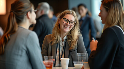 Joyful young businesswoman with glasses shares a laugh while conversing with colleagues during a casual networking session at a corporate event.
