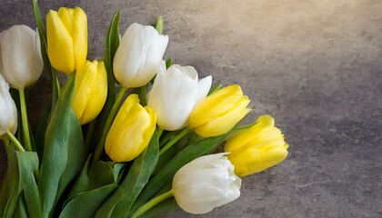 Fototapeta premium a beautiful bouquet of white and yellow tulips in the upper left corner. Reserve an open area for personalized congratulatory text, making it a perfect card for various occasions.