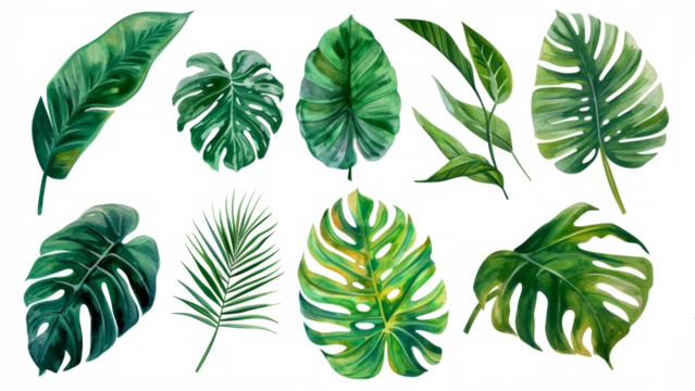Set Collection Watercolor tropical leaves Modern green tropical leaves, clip art Botanical Illustration elegant watercolor illustration , green tropical leaves isolated transparent background, PNG