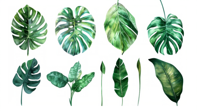 Set Collection Watercolor tropical leaves Modern green tropical leaves, clip art Botanical Illustration elegant watercolor illustration , green tropical leaves isolated transparent background, PNG