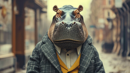 Fashionable hippopotamus graces city streets in tailored elegance, epitomizing street style. The realistic urban backdrop frames this large mammal, seamlessly merging aquatic allure with contemporary  - obrazy, fototapety, plakaty