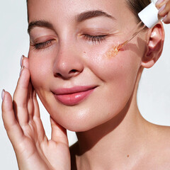 Moisturising and nourishing care serum. Close up beauty portrait of  young woman with glowing skin is applying a vitamin c skincare product with a pipette dropper. Facial hydration cosmetics