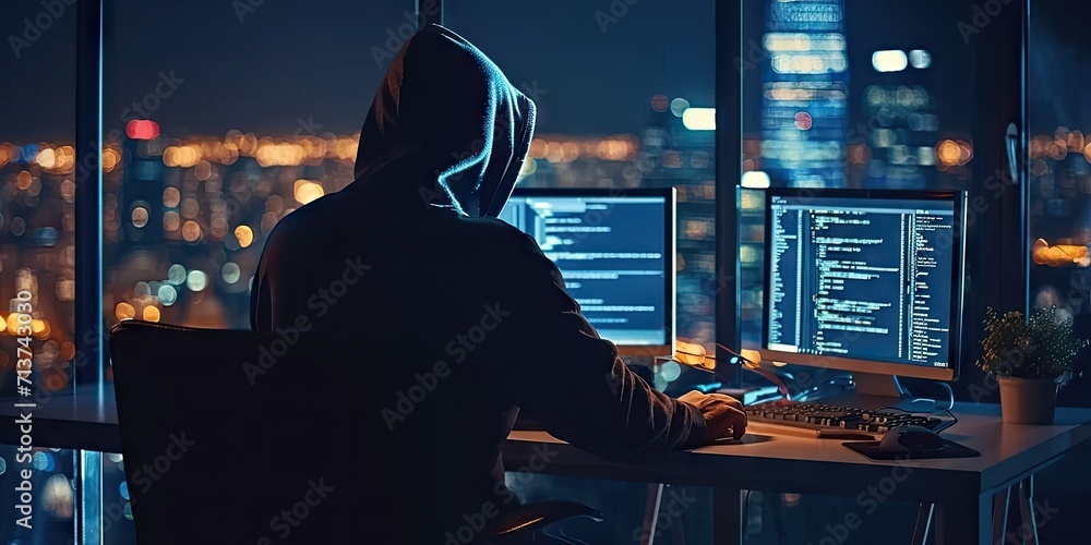 Poster hacker with computer in dark setting technology security breach hacking cyber internet virus web cri