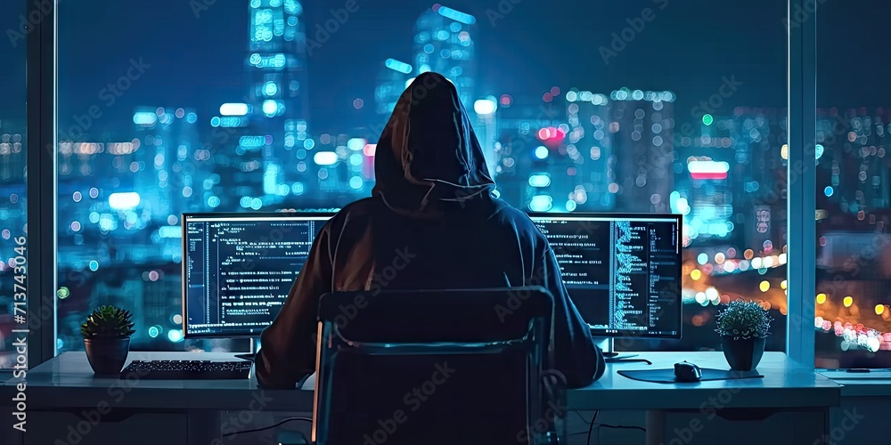 Poster hacker with computer in dark setting technology security breach hacking cyber internet virus web cri
