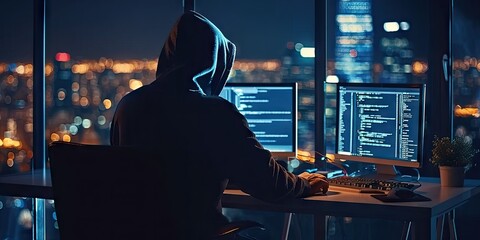 Hacker with computer in dark setting technology security breach hacking cyber internet virus web criminal identity crime on screen attack information monitor data man privacy system thief