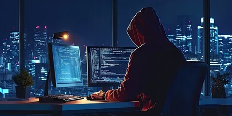 Hacker with computer in dark setting technology security breach hacking cyber internet virus web criminal identity crime on screen attack information monitor data man privacy system thief