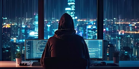 Hacker with computer in dark setting technology security breach hacking cyber internet virus web criminal identity crime on screen attack information monitor data man privacy system thief