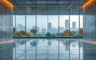 Horizontal view of empty cement floor with steel and glass modern building exterior. Early morning scene.