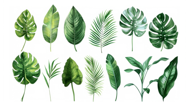Set Collection Watercolor tropical leaves Modern green tropical leaves, clip art Botanical Illustration elegant watercolor illustration , green tropical leaves isolated transparent background, PNG