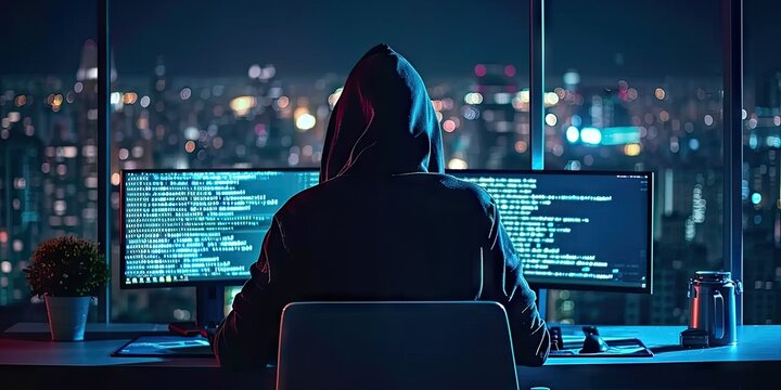 Hacker with computer in dark setting technology security breach hacking cyber internet virus web criminal identity crime on screen attack information monitor data man privacy system thief