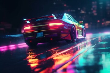Car on wet road with colorful lights and futuristic neon speed. Generative AI