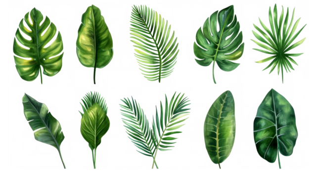 Set Collection Watercolor tropical leaves Modern green tropical leaves, clip art Botanical Illustration elegant watercolor illustration , green tropical leaves isolated transparent background, PNG - Powered by Adobe