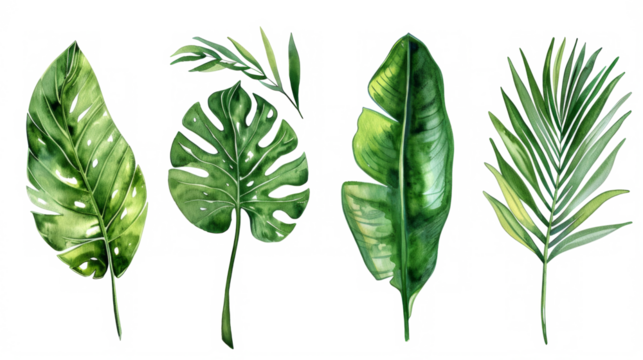 Set Collection Watercolor tropical leaves Modern green tropical leaves, clip art Botanical Illustration elegant watercolor illustration , green tropical leaves isolated transparent background, PNG