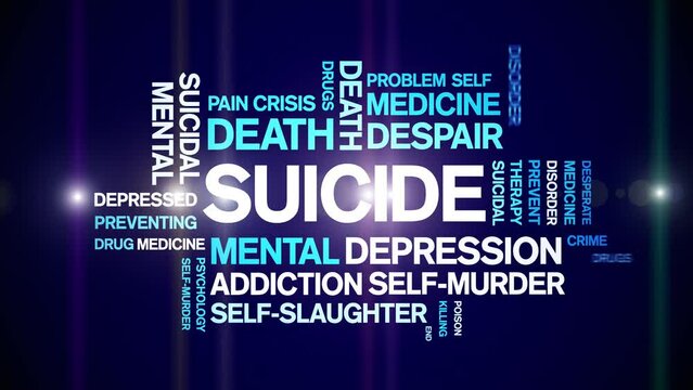 Suicide animated tag word cloud;text design animation kinetic typography seamless loop.
