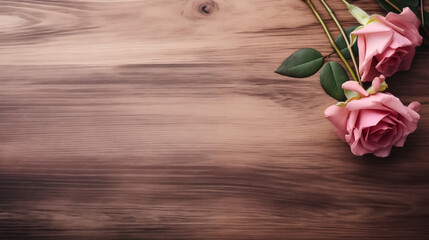 Romantic flower arrangement against a pastel pink background, A romantic rose on pink background, love theme, Red roses flower on red background. Copy space. Flower frame. Top view, Generative Ai