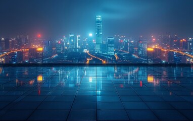 Panoramic view of empty concrete tiles floor with city skyline. Night scene.