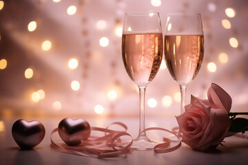 Romantic dinner. Bouquet of flowers lying on the table, two glasses of red wine and candles, Romantic Celebration Of Valentine's Day, Glass of wine with rose for romantic atmosphere, Generative Ai