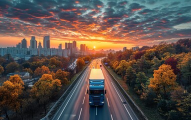 Delivery truck run on the road with sunrise cityscape,fast delivery, cargo logistic and freight shipping concept. - obrazy, fototapety, plakaty