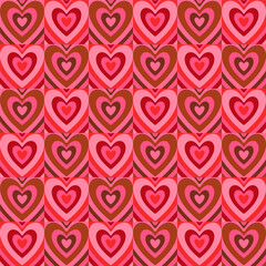 Groovy Hearts Seamless Pattern. Vector Background in 1970s-1980s Hippie Retro Style for Print on Textile, Wrapping Paper, Web Design and Social Media. Pink and Purple Colors. - 713744266
